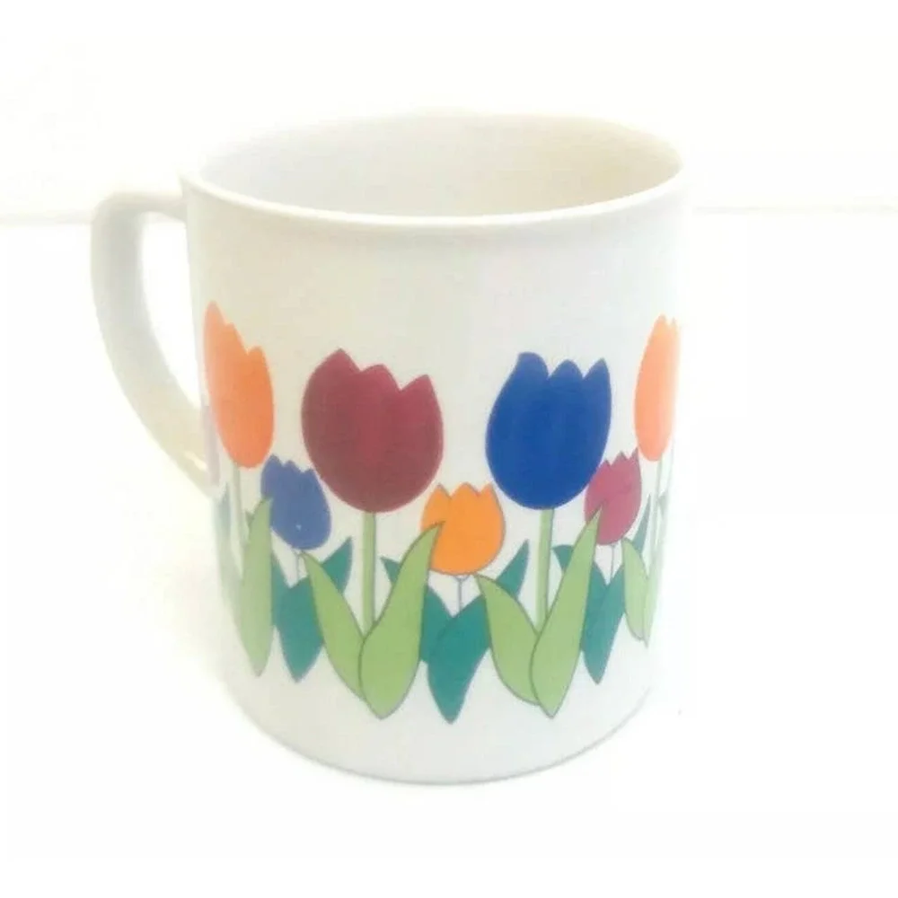 Vintage Coffee Mug Tulips Spring Flowers Cup Blue Red Green Yellow